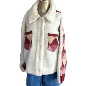 Forever 21 Retro Harlequin Geometric Fleece Jacket Snap Cream Pink M Relaxed